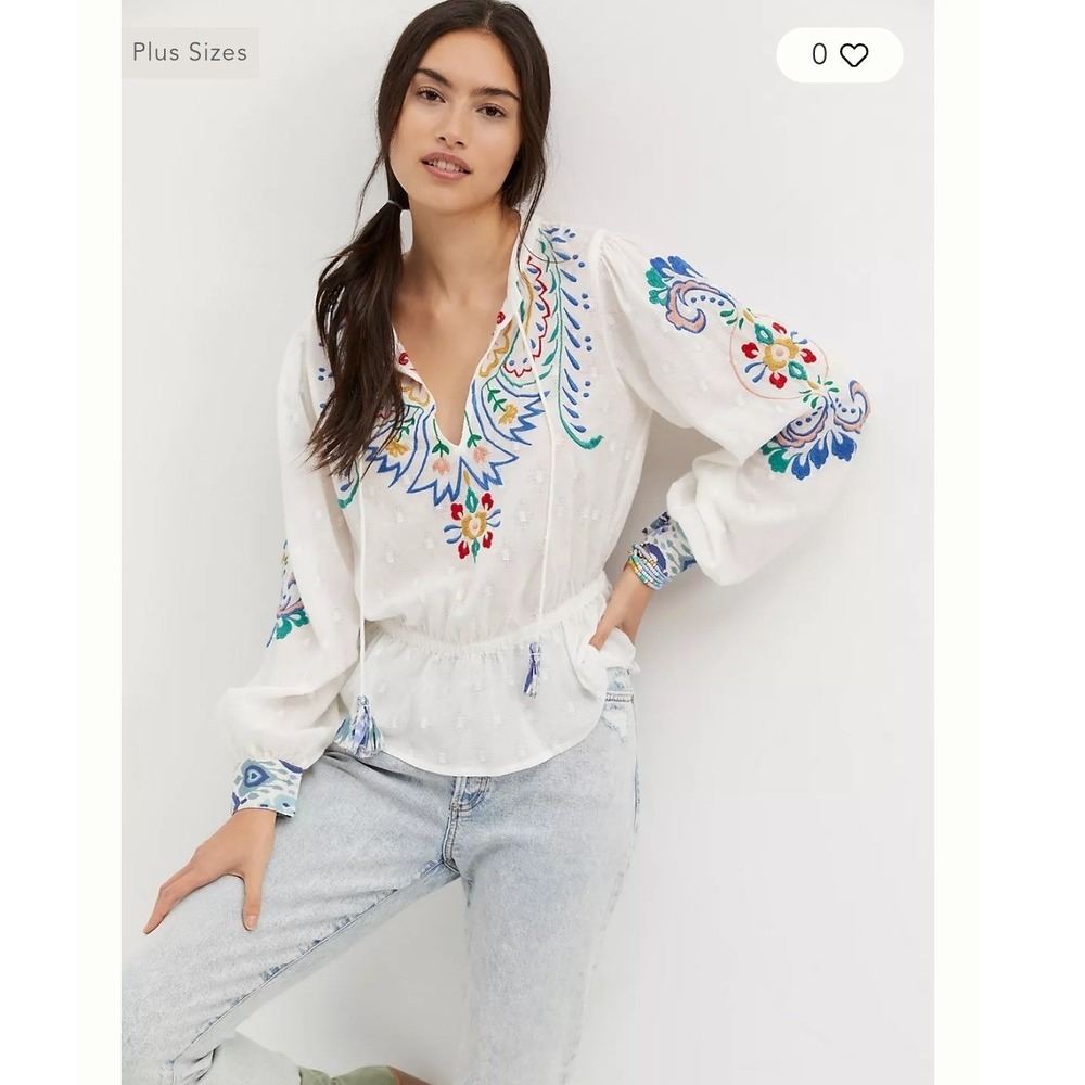 Anthropologie Forever That Girl Embroidered Peplum Blouse Med Boho Floral NWT